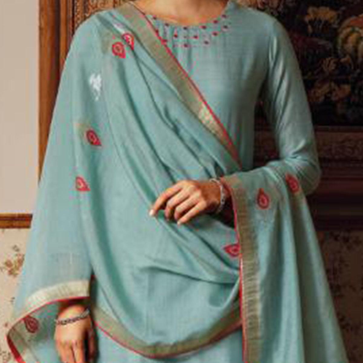 Prominent Blue Colored Partywear Embroidered Pure Silk Suit - Peachmode