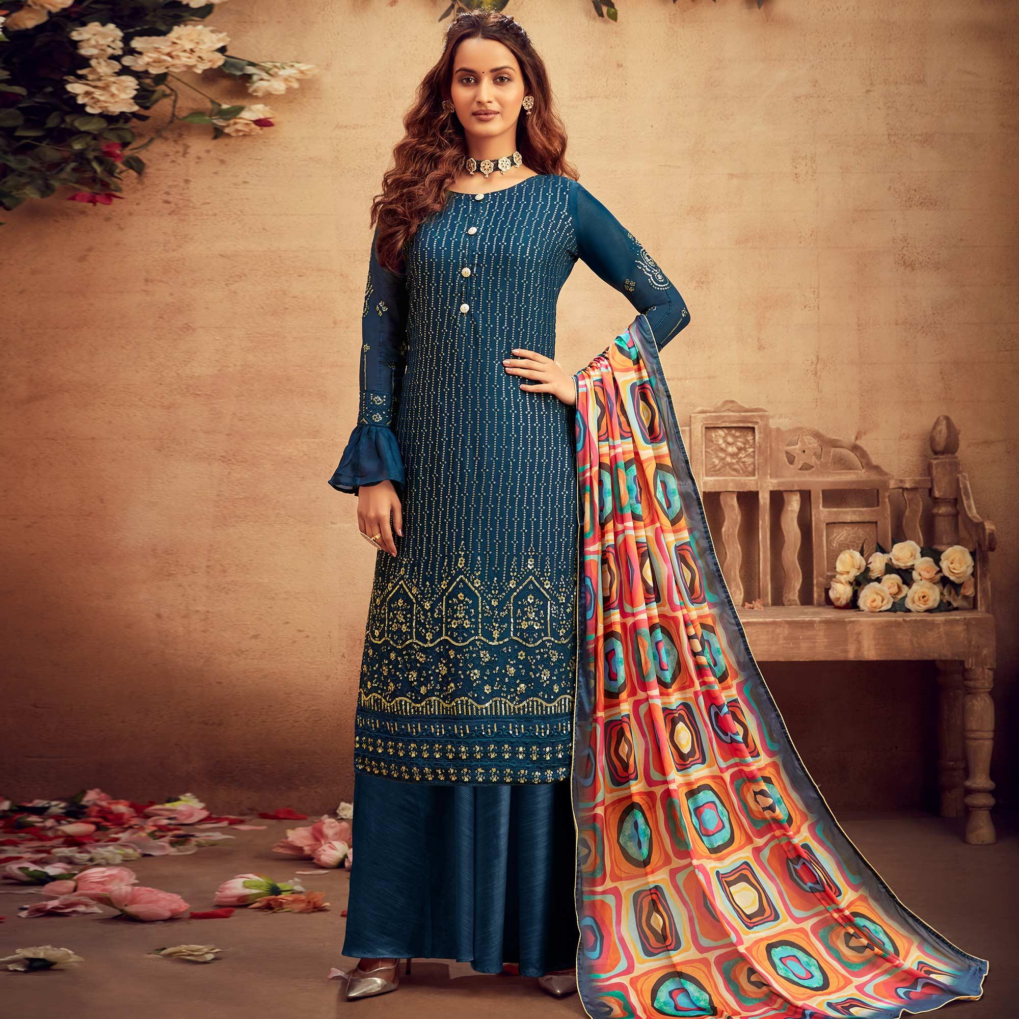 Prominent Blue Coloured Embroidered Partywear Pure Viscose Chiffon Palazzo Suit - Peachmode