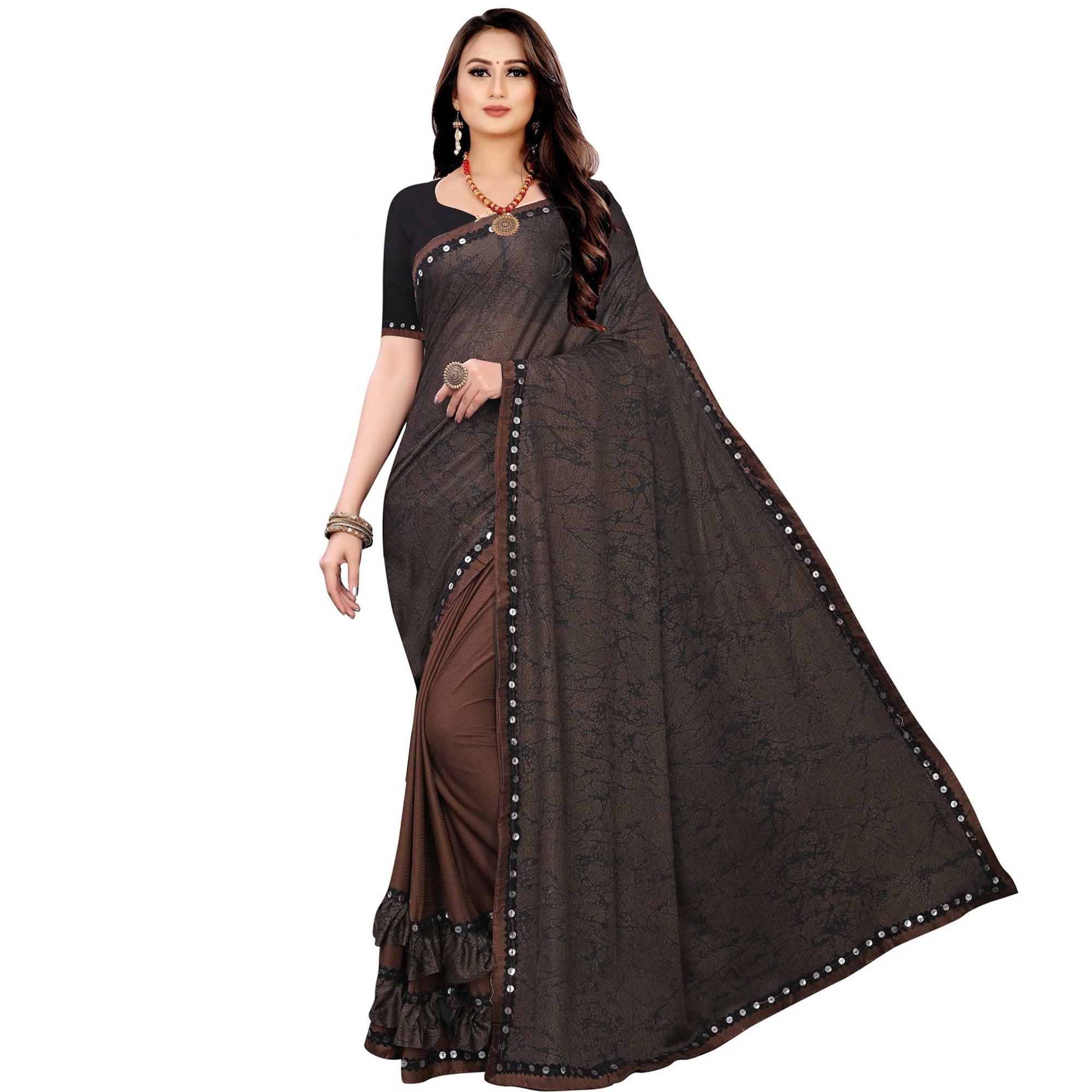Prominent Coffee Brown Colored Party Wear Printed Art Silk Half & Half Saree - Peachmode