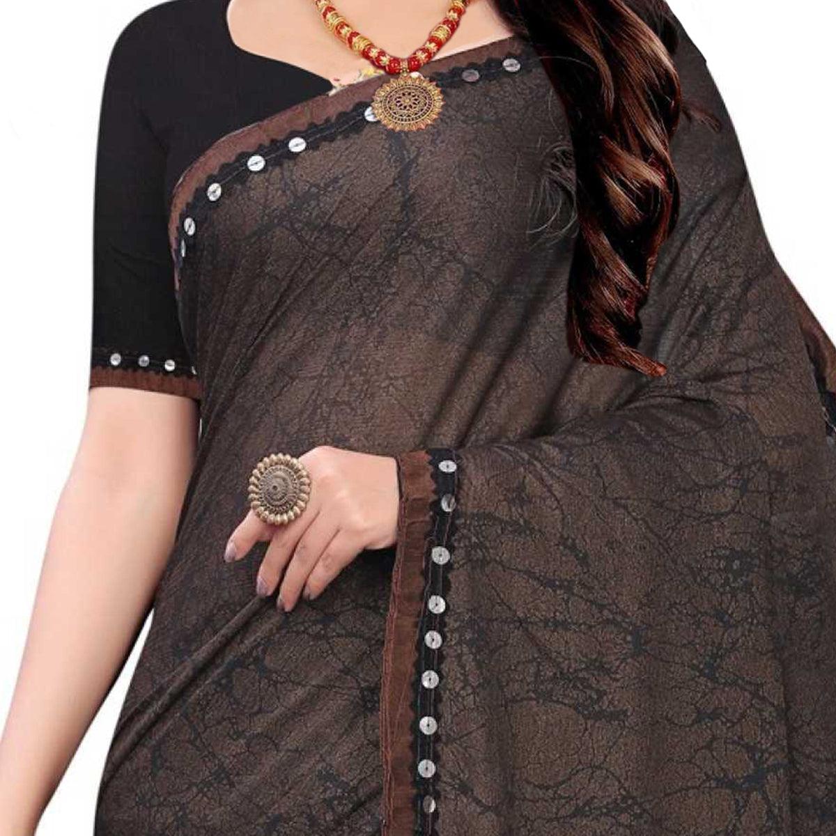 Prominent Coffee Brown Colored Party Wear Printed Art Silk Half & Half Saree - Peachmode