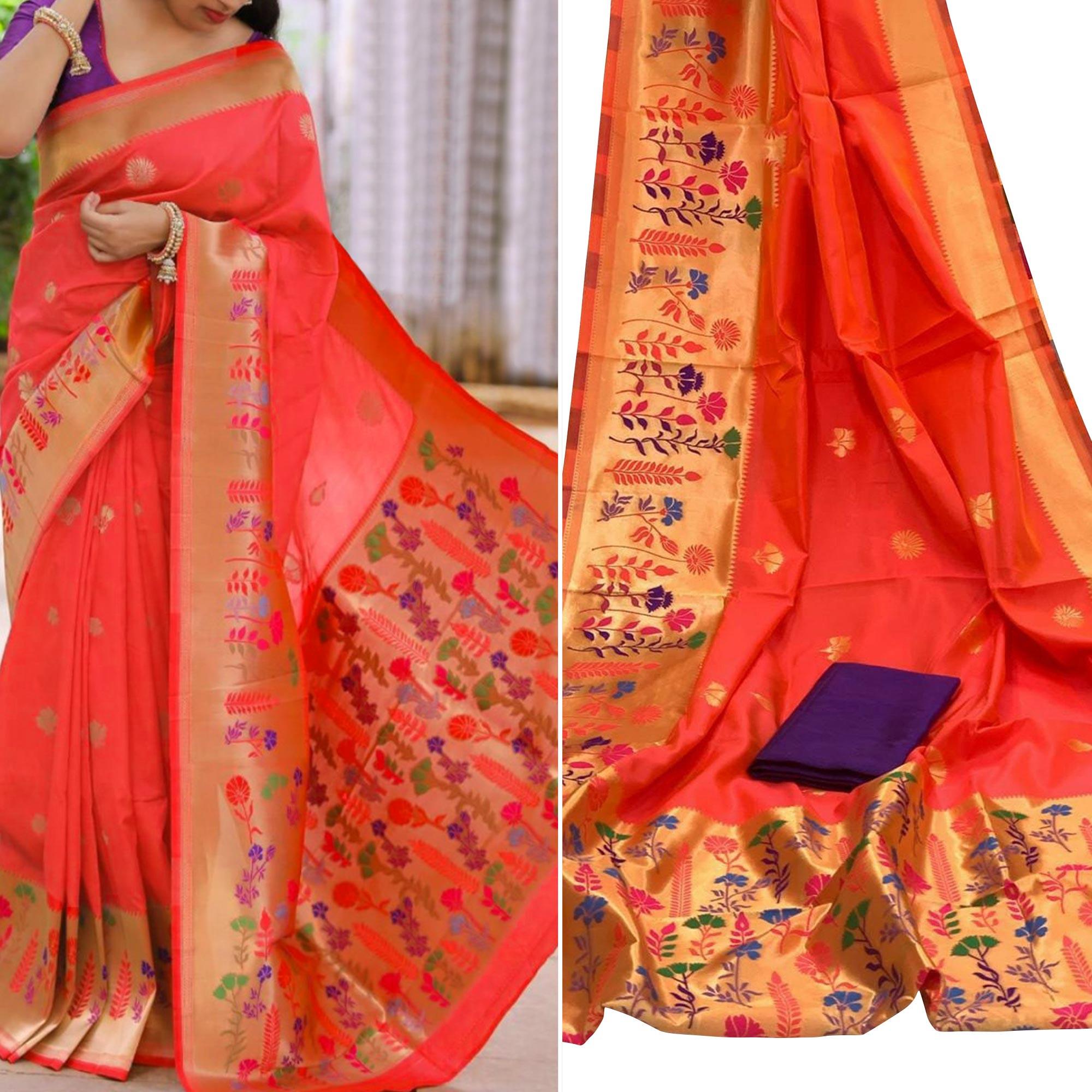 Prominent Coral Red Colored Festive Wear Woven Banarasi Silk Saree - Peachmode