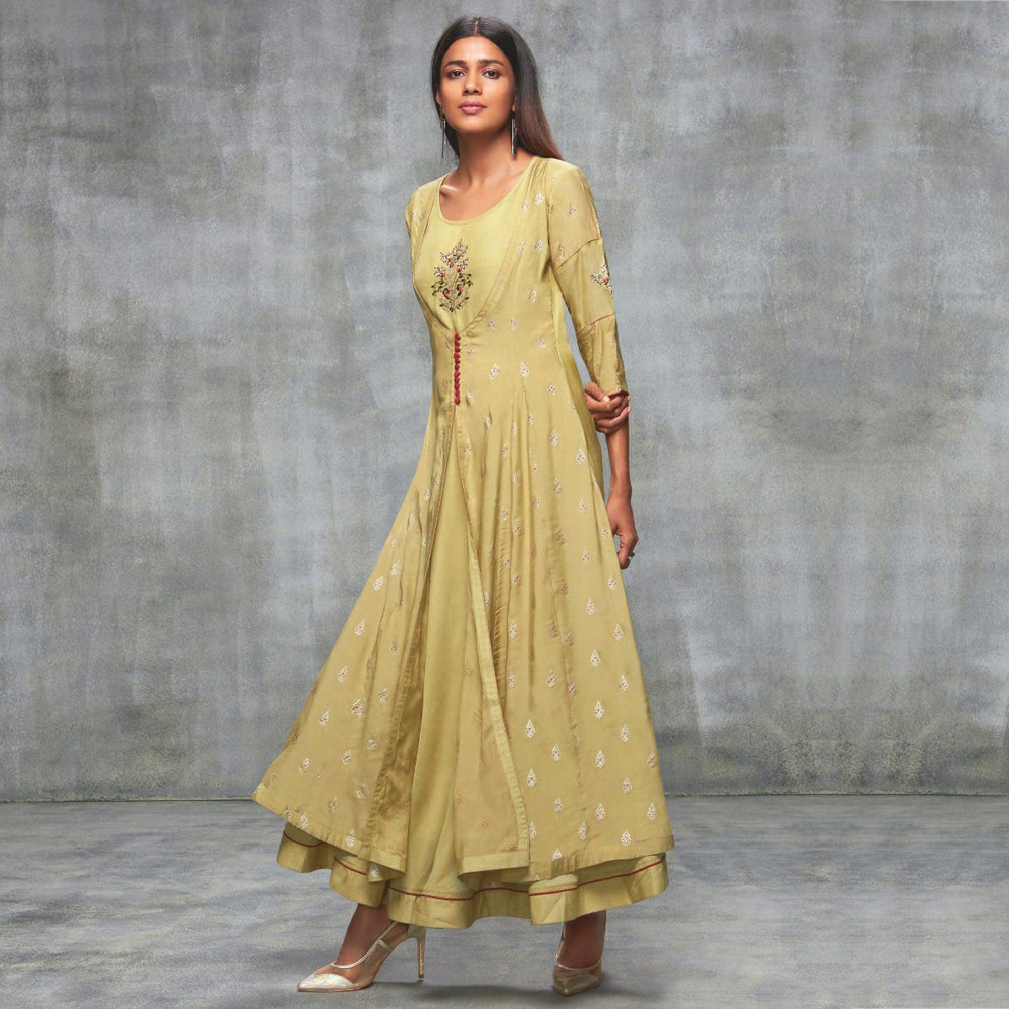 Prominent Cream Colored Partywear Embroidered Cotton Silk Kurti - Peachmode