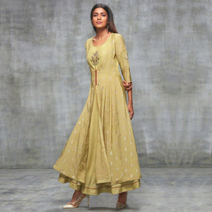 Prominent Cream Colored Partywear Embroidered Cotton Silk Kurti - Peachmode