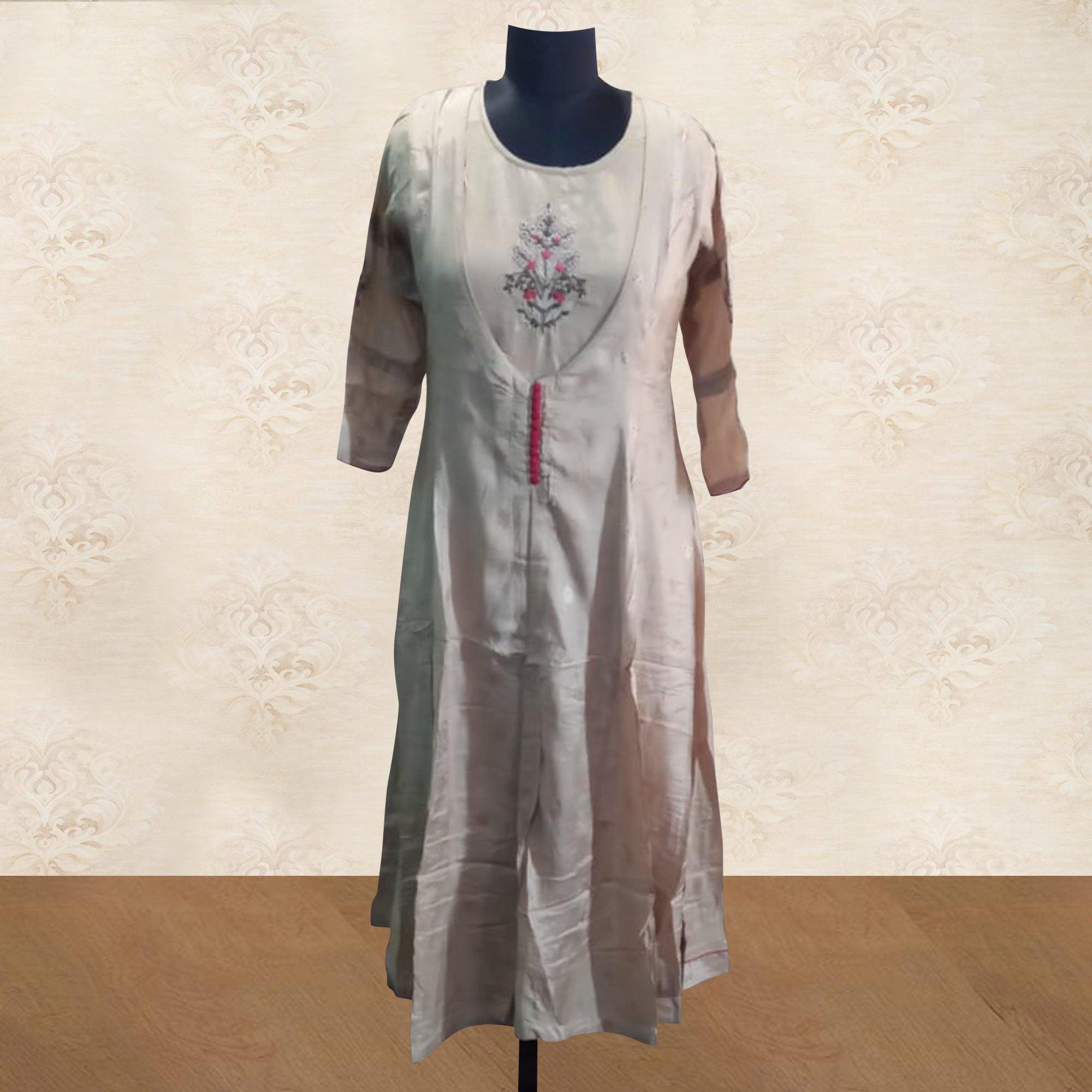 Prominent Cream Colored Partywear Embroidered Cotton Silk Kurti - Peachmode