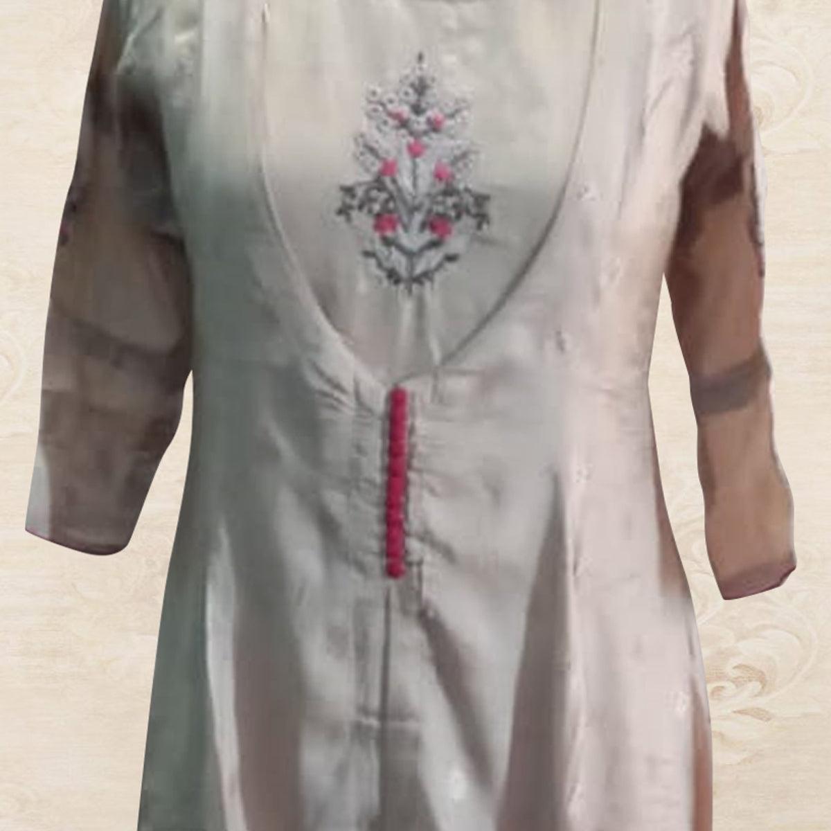 Prominent Cream Colored Partywear Embroidered Cotton Silk Kurti - Peachmode