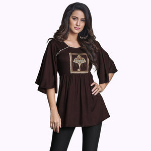 Prominent Dark Brown Colored Partywear Embroidered Rayon Western Top - Peachmode