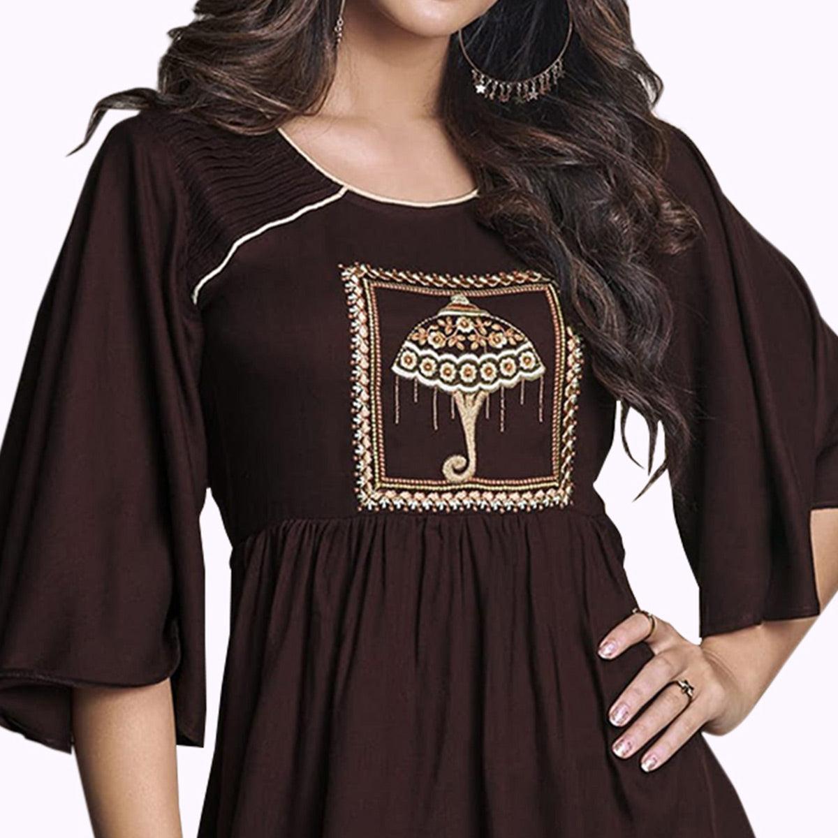 Prominent Dark Brown Colored Partywear Embroidered Rayon Western Top - Peachmode