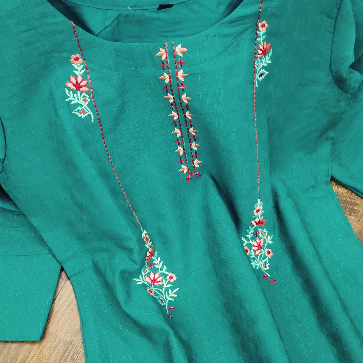 Prominent Dark Green Colored Party Wear Embroidered Cotton Kurti - Peachmode