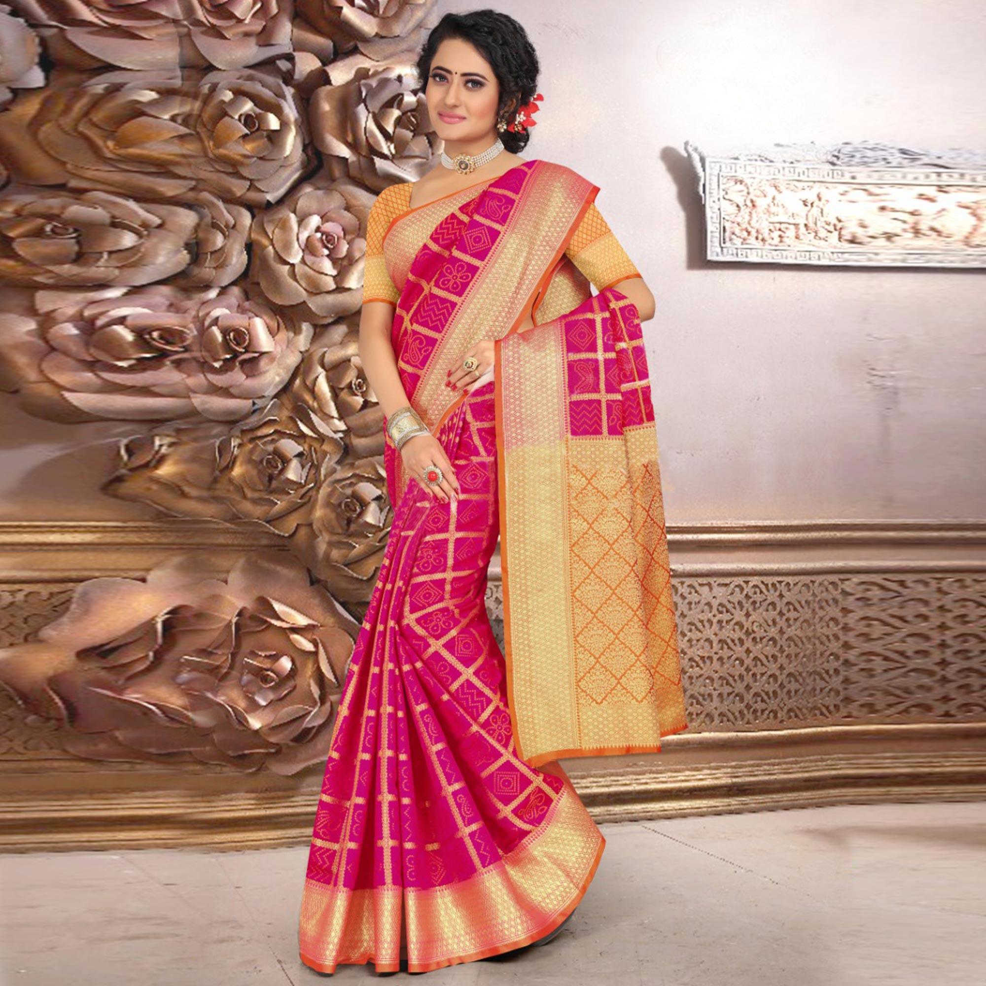 Prominent Dark Pink Colored Festive Wear Woven Banarasi Silk Saree - Peachmode