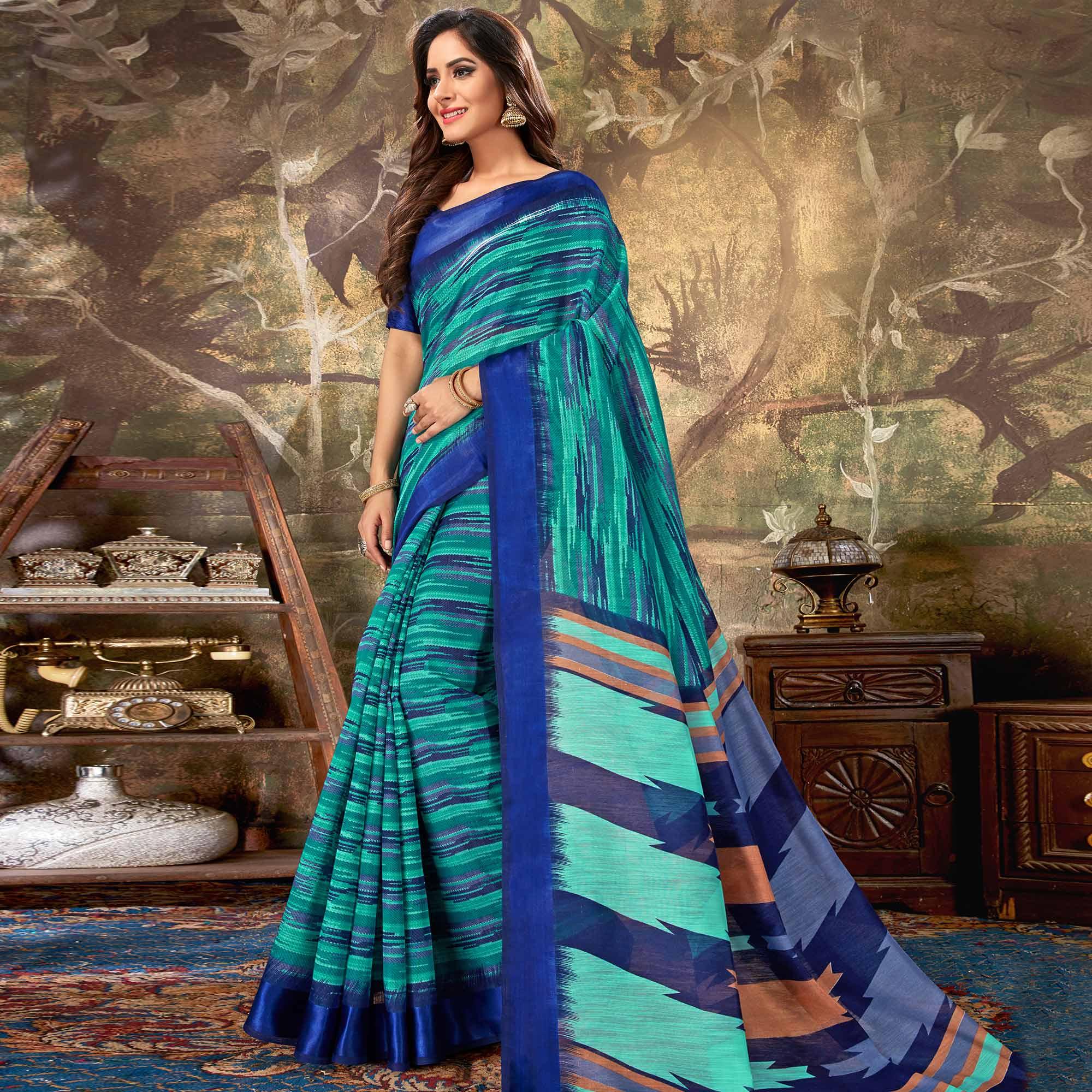 Prominent Green Colored Casual Wear Printed Cotton Saree - Peachmode