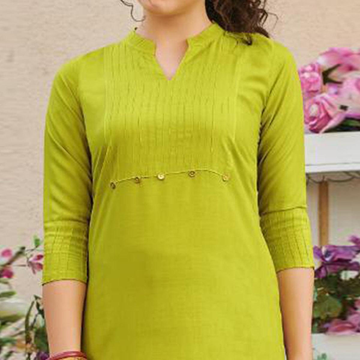 Prominent Green Colored Casual Wear Solid Pure Rayon Kurti - Peachmode