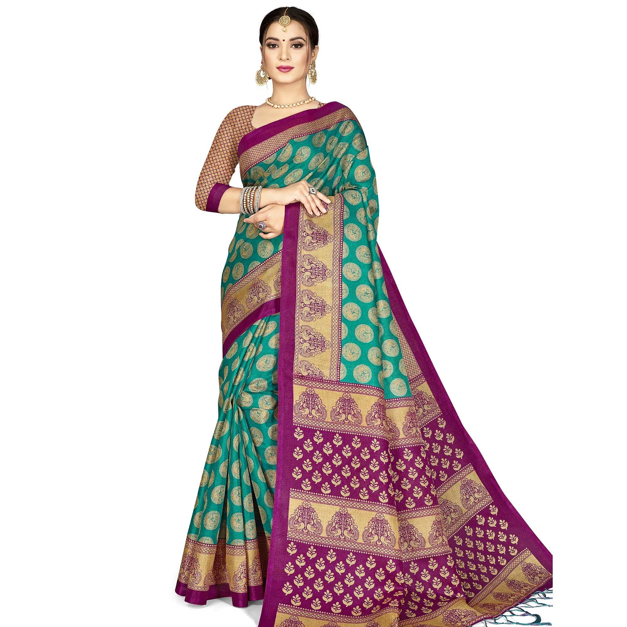 Prominent Green Colored Festive Wear Printed Art Silk Saree With Tassels - Peachmode
