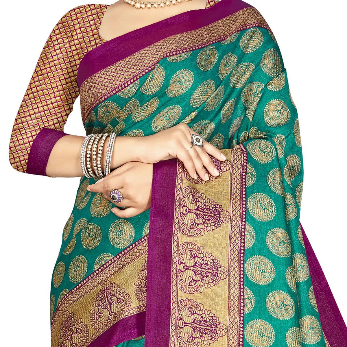 Prominent Green Colored Festive Wear Printed Art Silk Saree With Tassels - Peachmode