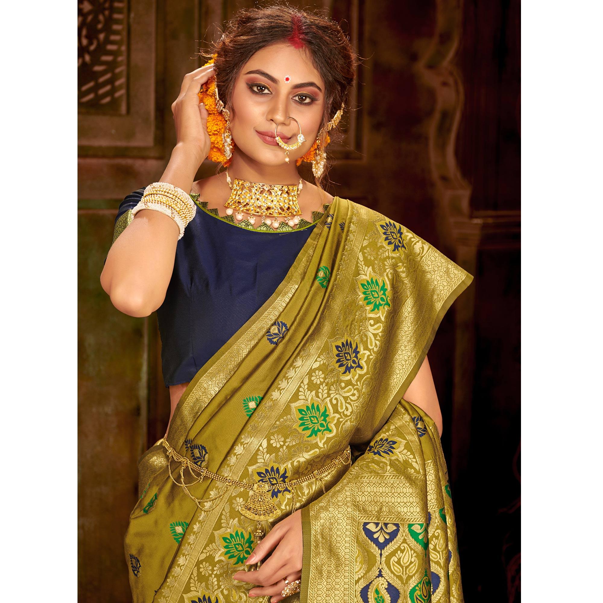 Prominent Green Colored Festive Wear Woven Banarasi Silk Saree - Peachmode