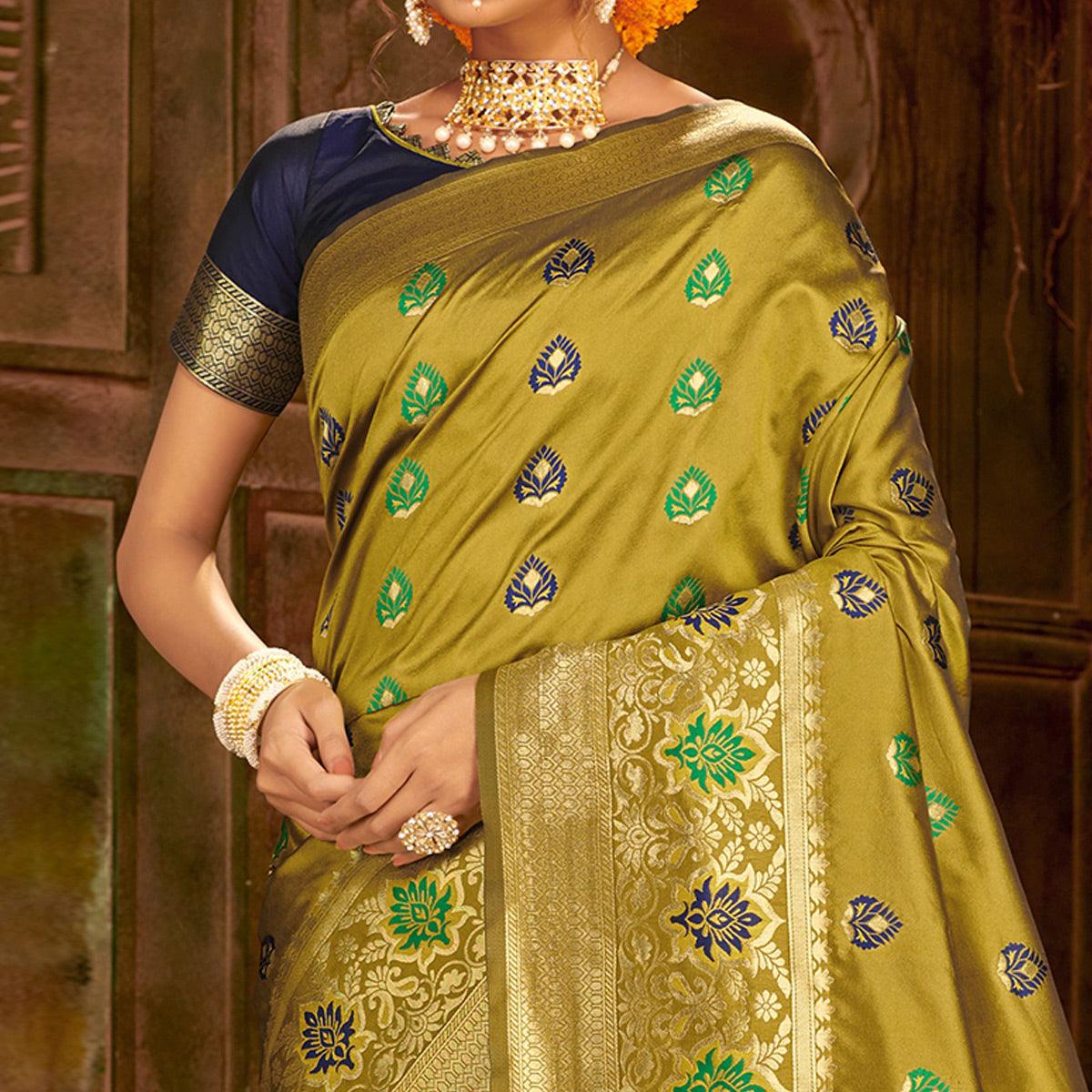 Prominent Green Colored Festive Wear Woven Banarasi Silk Saree - Peachmode