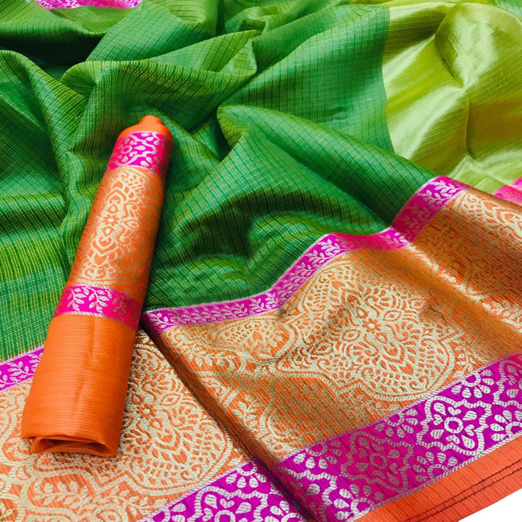 Prominent Green Colored Festive Wear Woven Silk Saree - Peachmode
