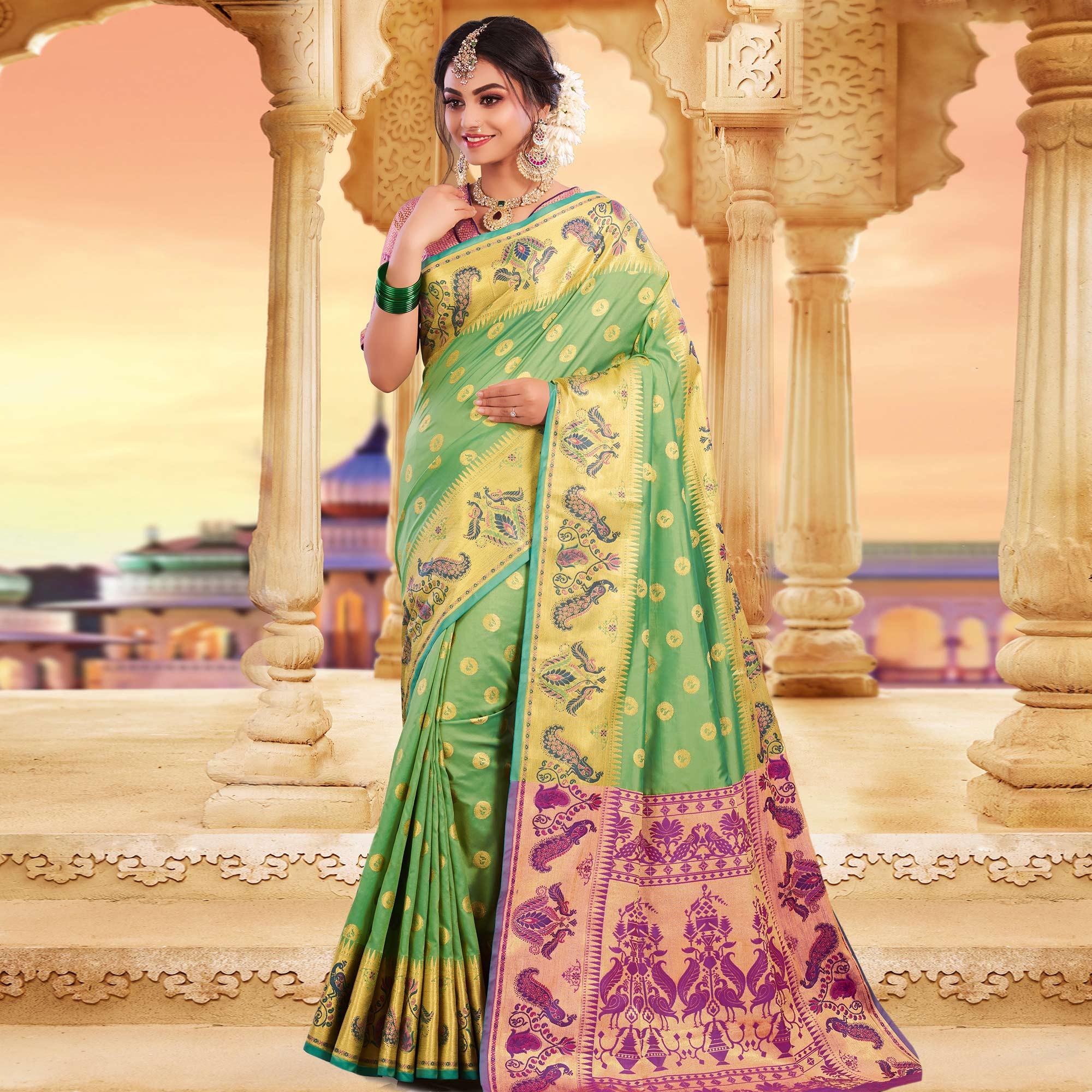 Prominent Green Colored Festive Wear Woven Silk Saree - Peachmode