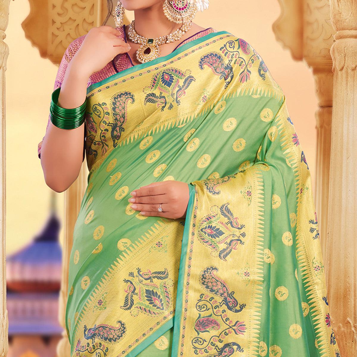 Prominent Green Colored Festive Wear Woven Silk Saree - Peachmode