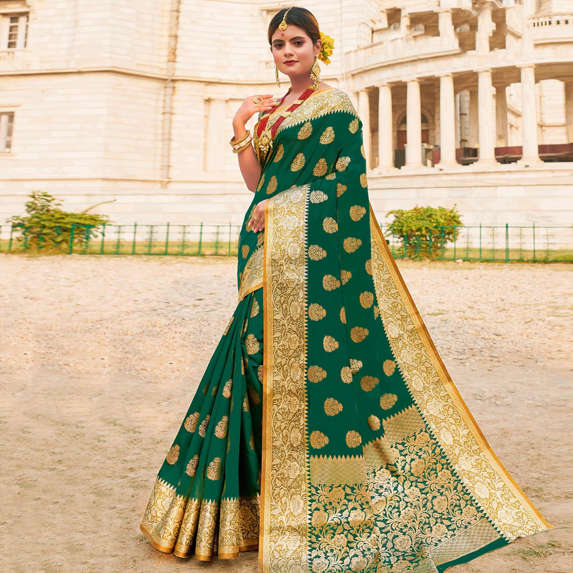 Prominent Green Colored Festive Wear Woven Silk Sareee - Peachmode