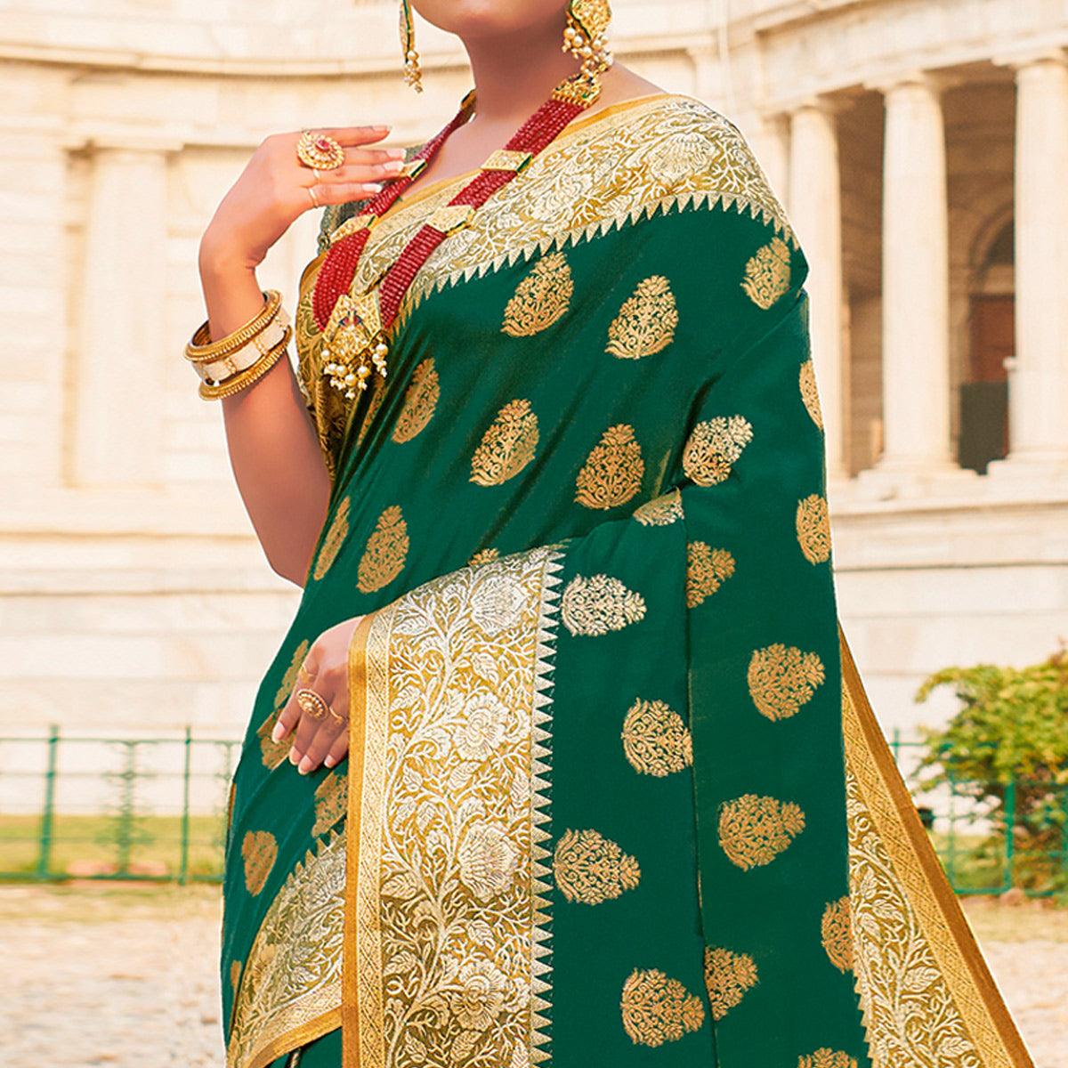 Prominent Green Colored Festive Wear Woven Silk Sareee - Peachmode