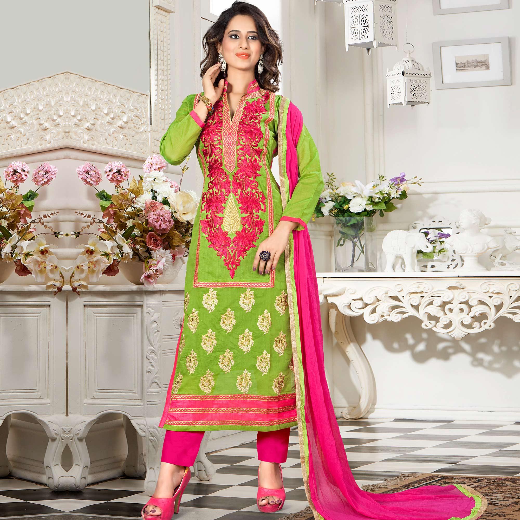 Prominent Green Colored Party Wear Embroidered Chanderi Dress Material - Peachmode