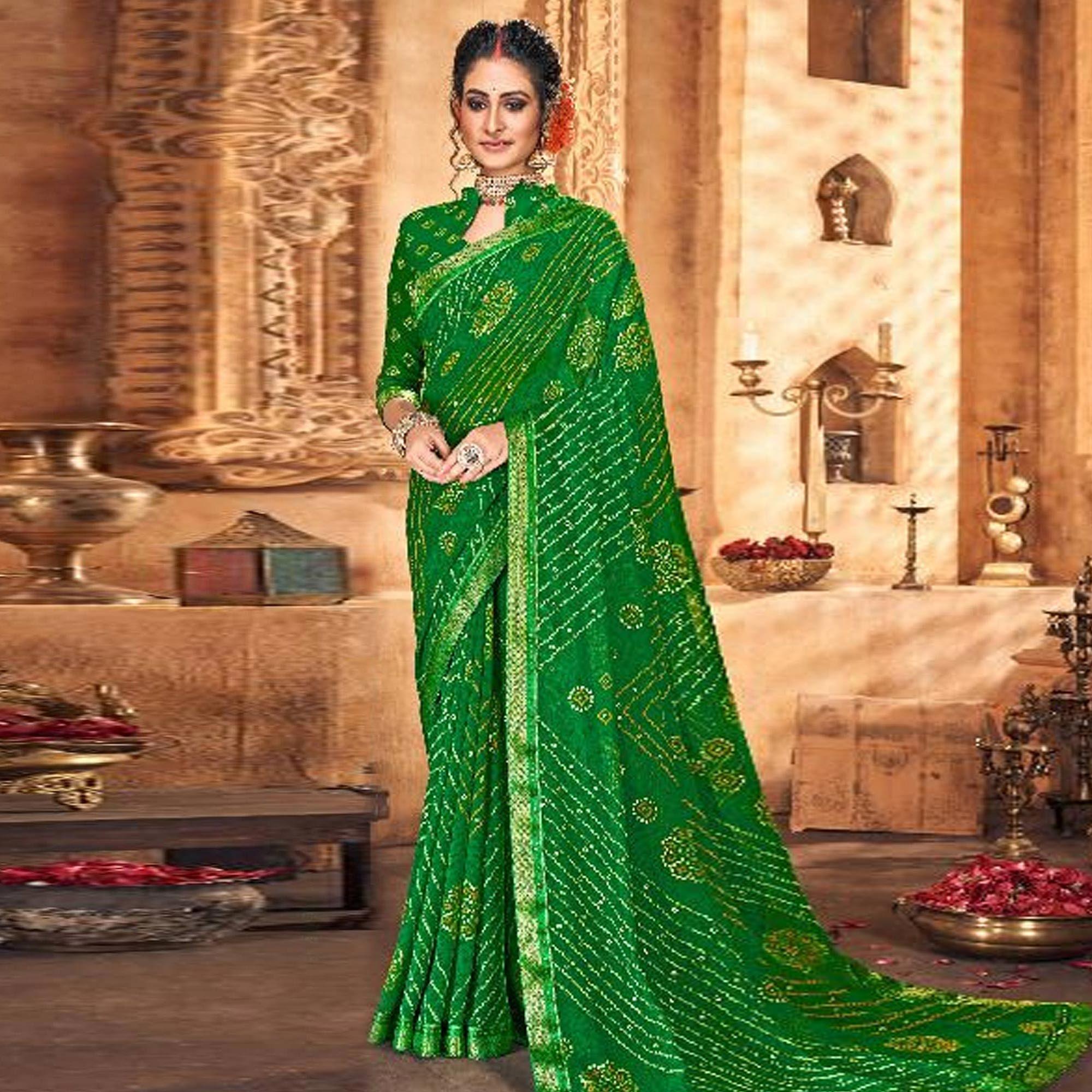 Prominent Green Colored Partywear Printed Georgette Saree - Peachmode
