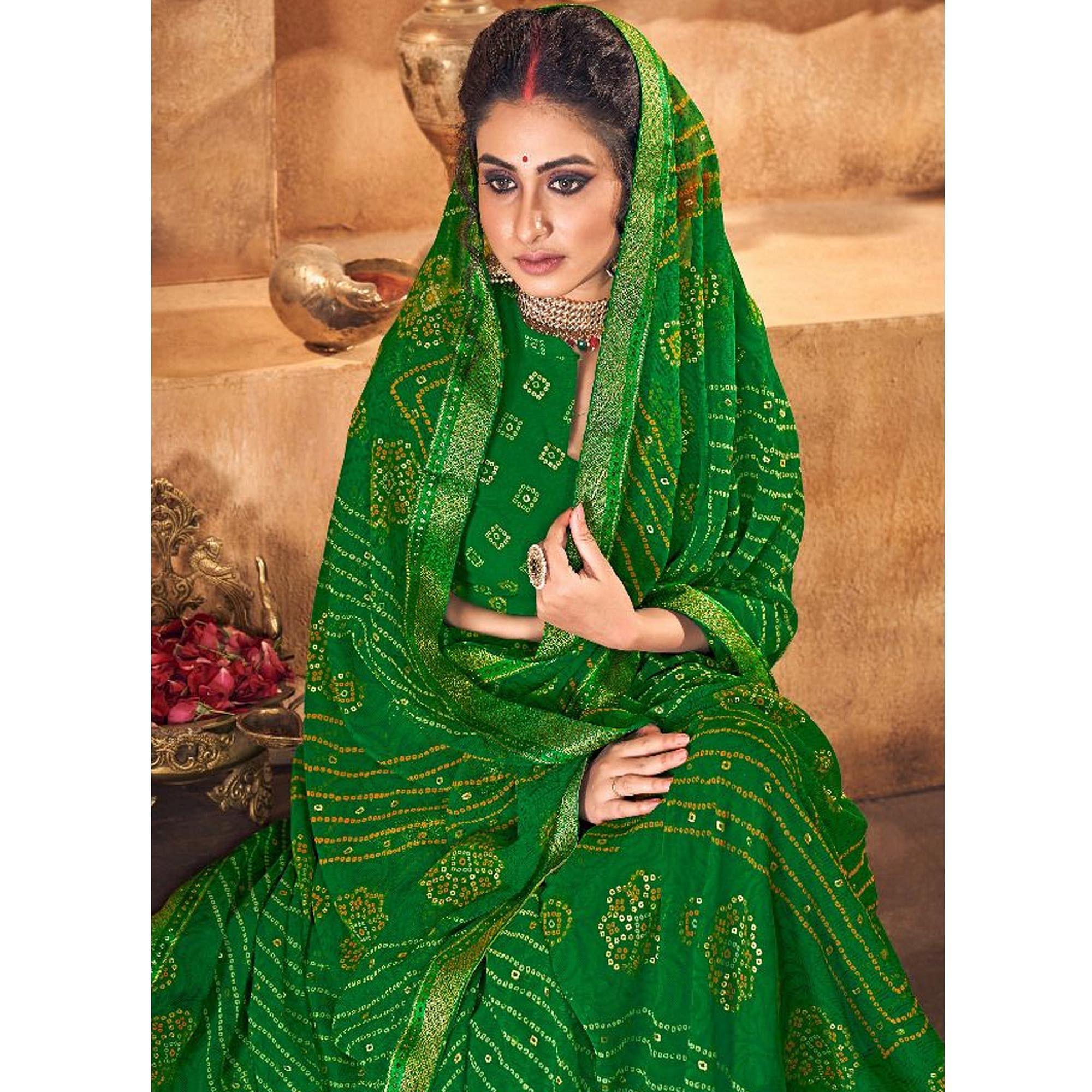 Prominent Green Colored Partywear Printed Georgette Saree - Peachmode