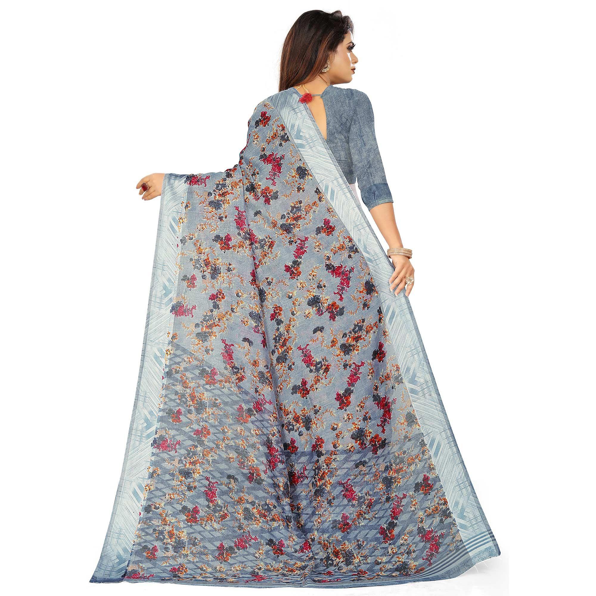 Prominent Grey Colored Casual Wear Floral Printed Linen Saree With Satin Patta Border - Peachmode