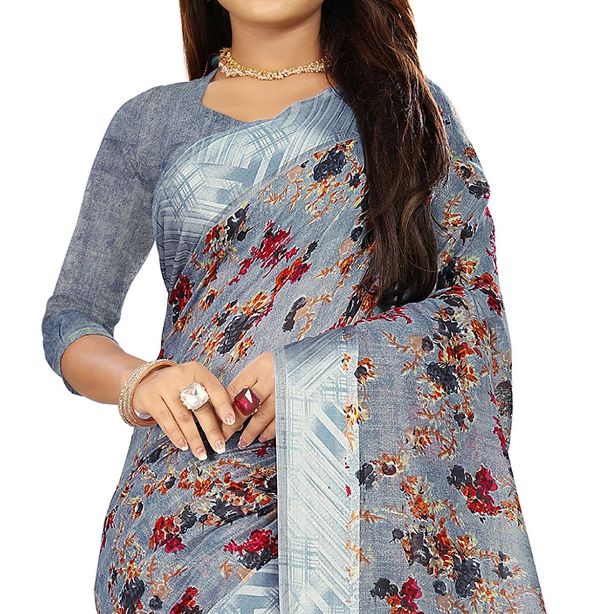 Prominent Grey Colored Casual Wear Floral Printed Linen Saree With Satin Patta Border - Peachmode