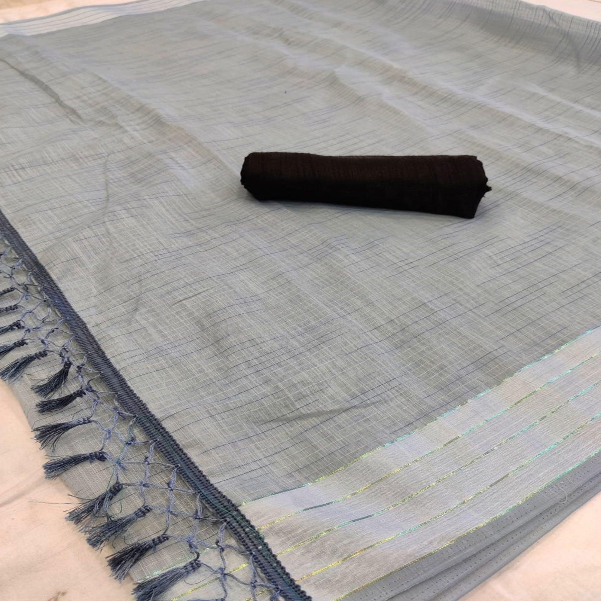 Prominent Grey Colored Casual Wear Solid Cotton Saree - Peachmode