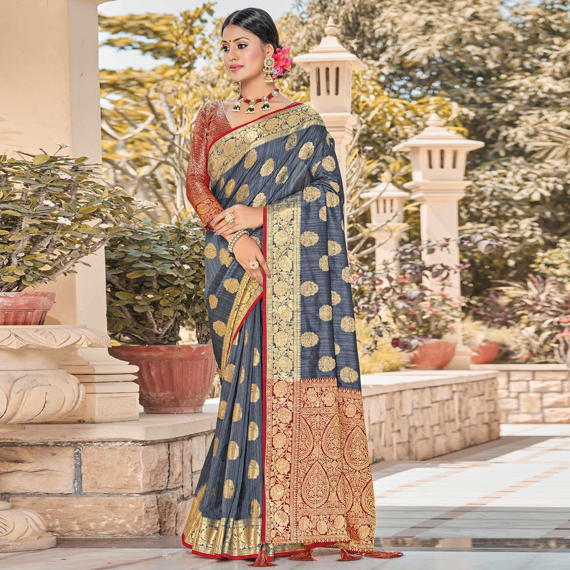 Prominent Grey Colored Festive Wear Woven Silk Saree - Peachmode