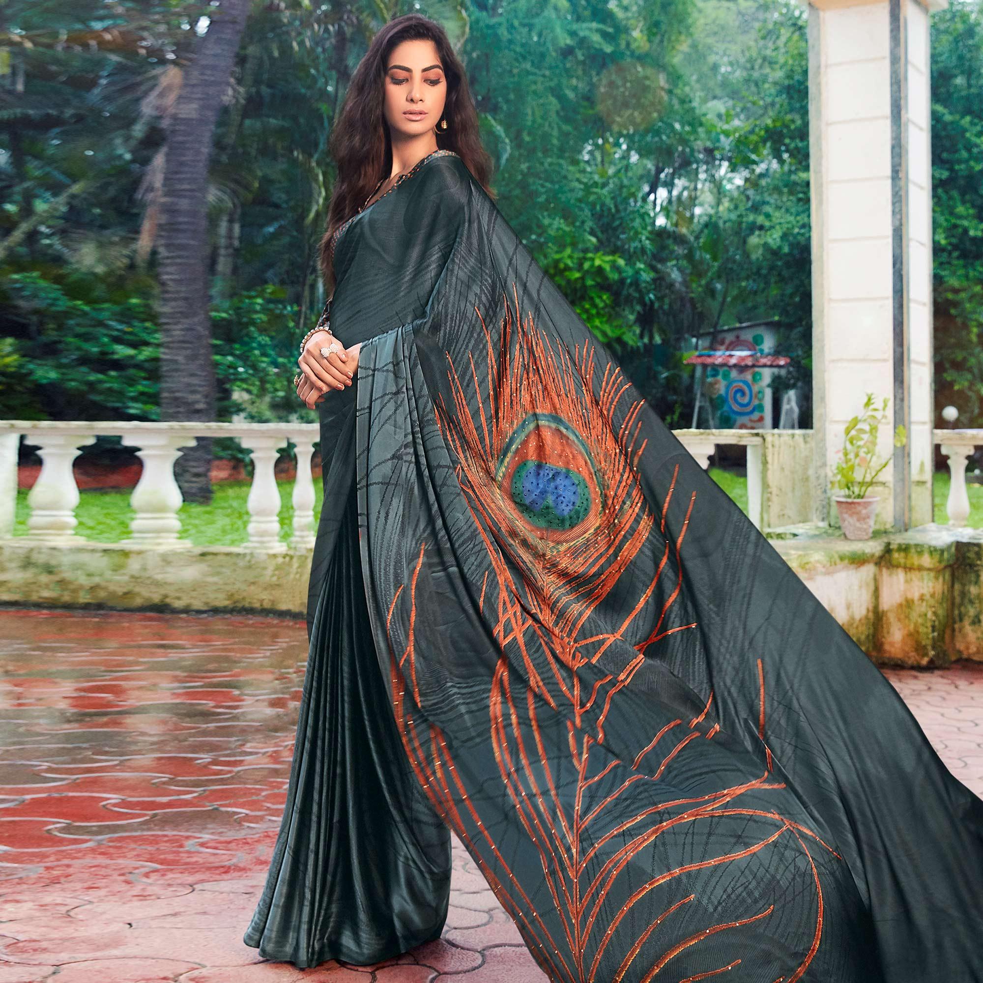Prominent Grey Colored Party Wear Printed Silk Saree - Peachmode