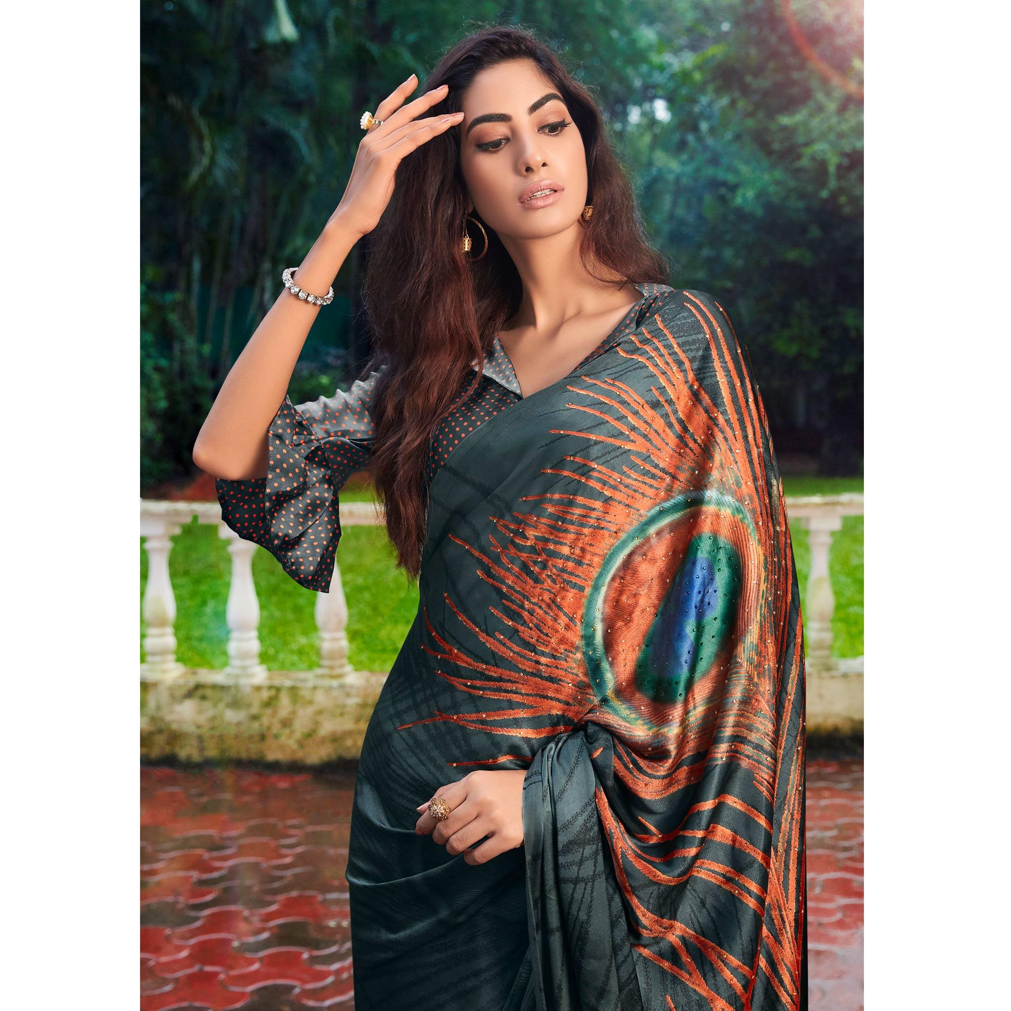 Prominent Grey Colored Party Wear Printed Silk Saree - Peachmode