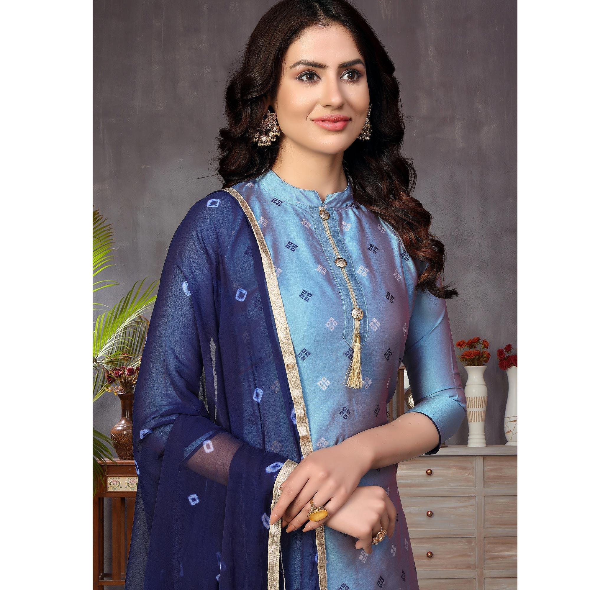 Prominent Light Blue Colored Festive Wear Woven Heavy Banarasi Silk Dress Material - Peachmode