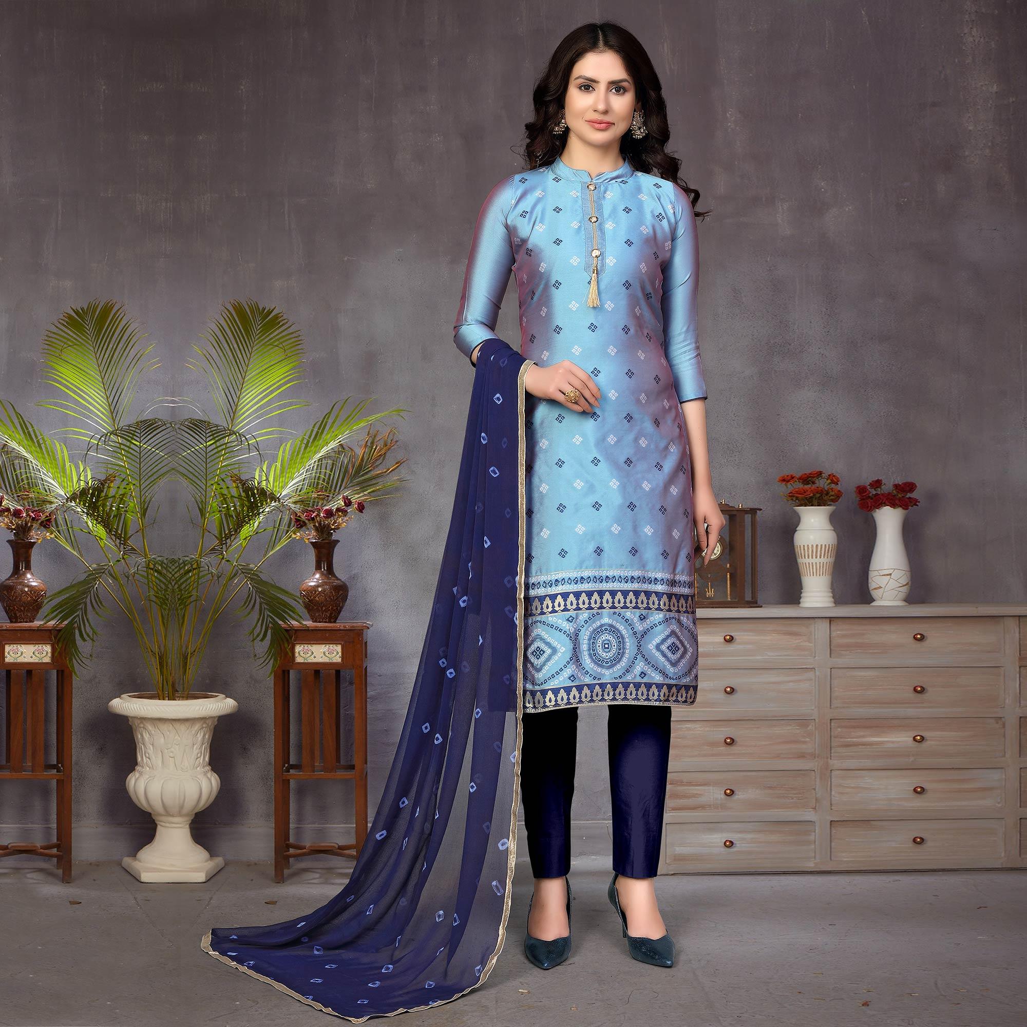 Prominent Light Blue Colored Festive Wear Woven Heavy Banarasi Silk Dress Material - Peachmode
