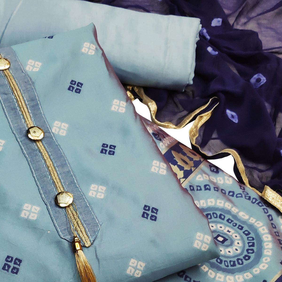 Prominent Light Blue Colored Festive Wear Woven Heavy Banarasi Silk Dress Material - Peachmode