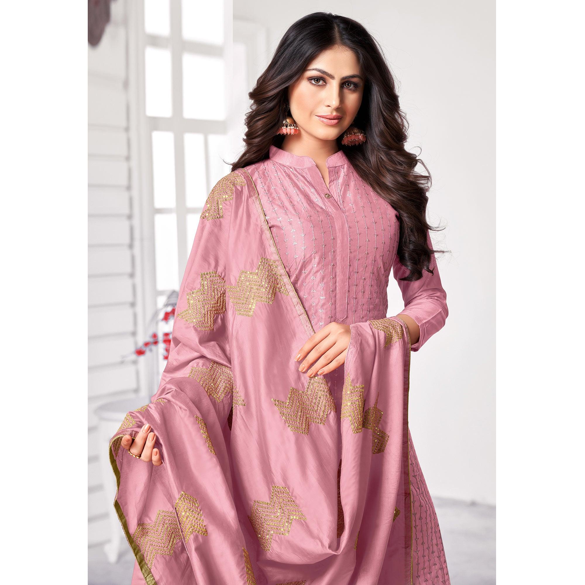Prominent Light Pink Colored Partywear Embroidered Cotton Dress Material - Peachmode