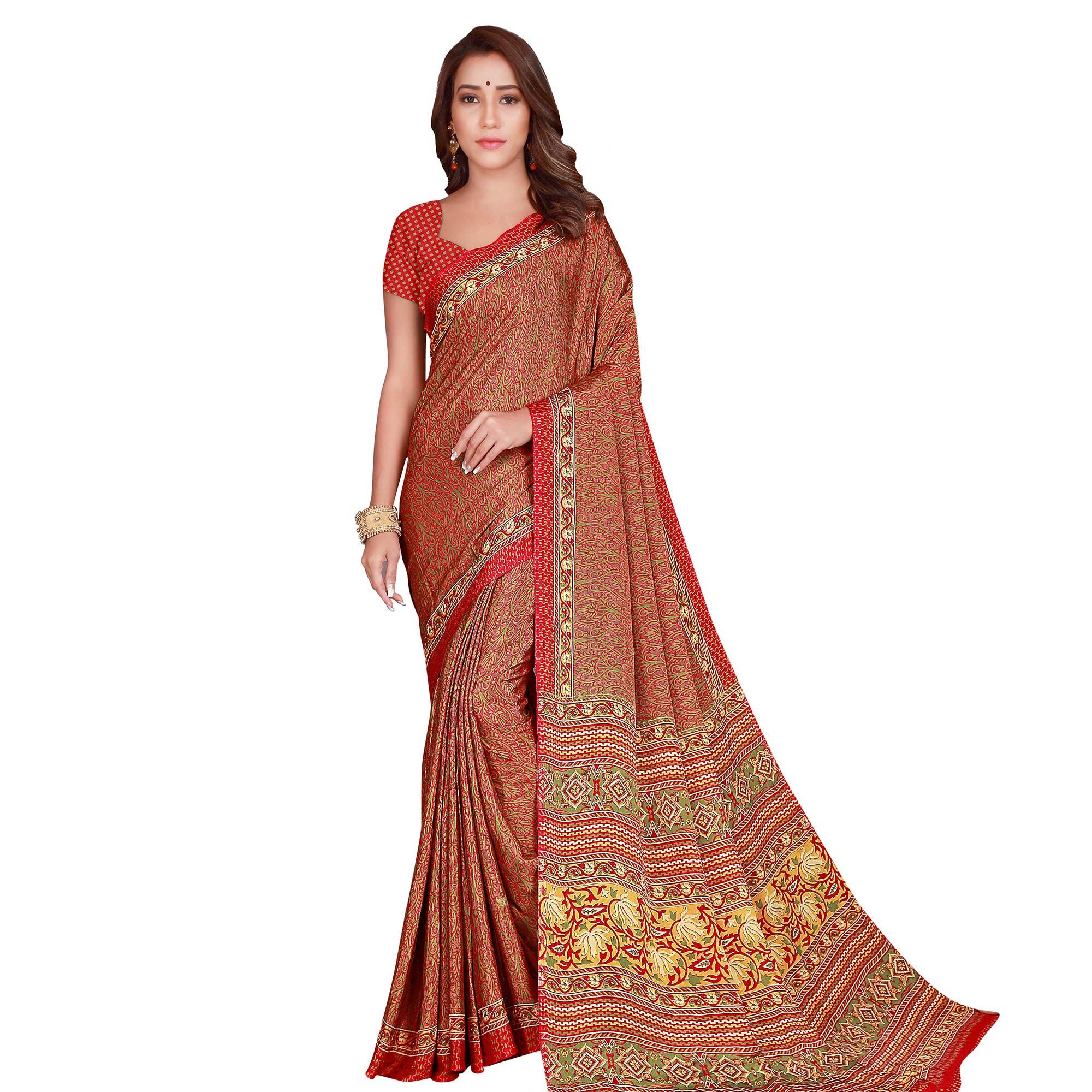Prominent Maroon Colored Casual Wear Printed Silk Crepe Saree - Peachmode