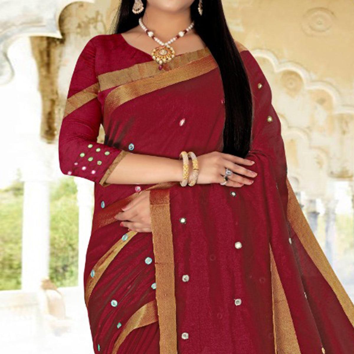 Prominent Maroon Colored Festive Wear Woven Cotton Silk Saree - Peachmode