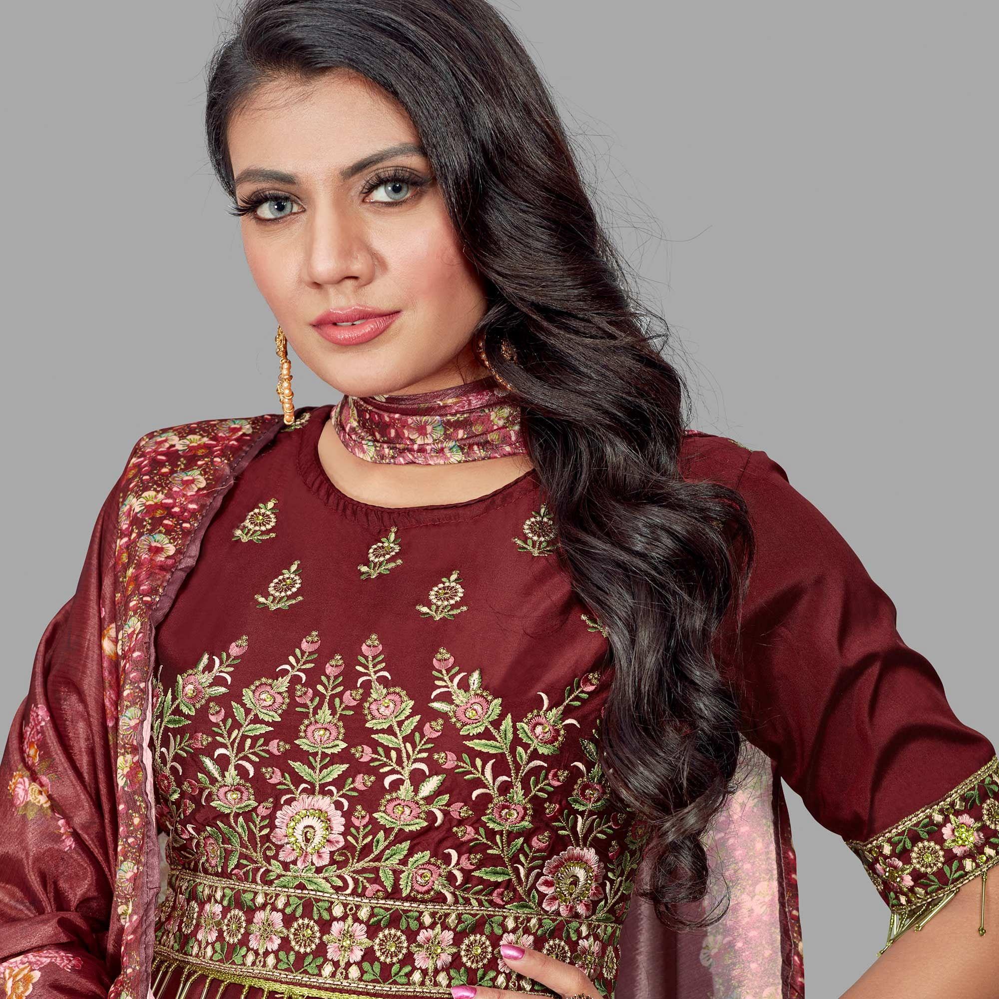 Prominent Maroon Coloured Embroidered Party Wear Floral Taffeta Gown - Peachmode