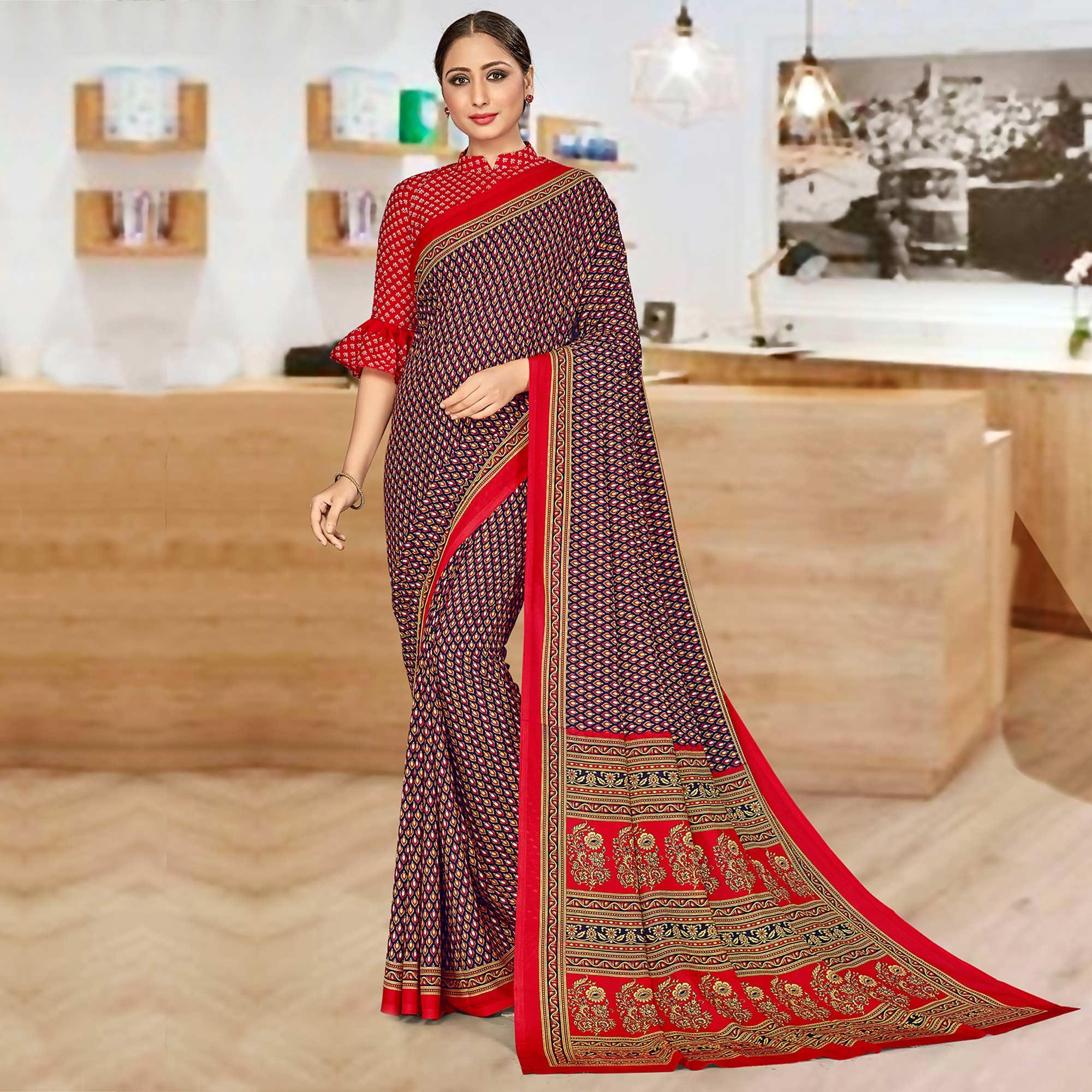 Prominent Multi Coloured Casual Wear Printed Crepe Saree - Peachmode
