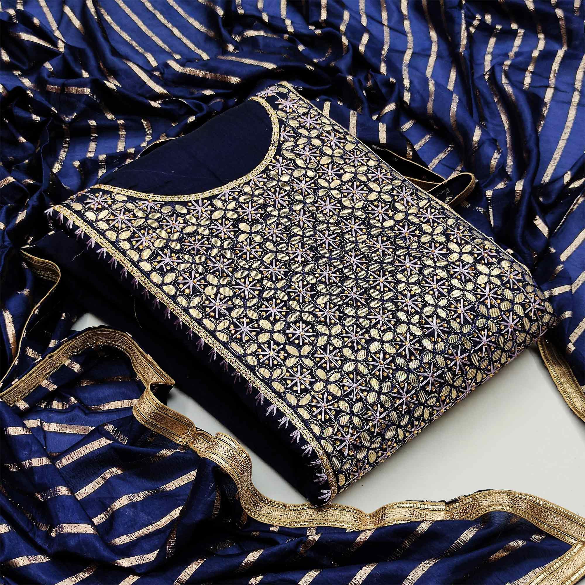 Prominent Navy Blue Colored Festive Wear Embroidered Heavy Modal Silk Dress Material - Peachmode