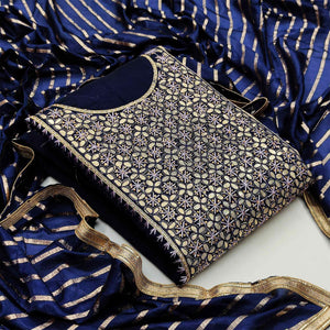 Prominent Navy Blue Colored Festive Wear Embroidered Heavy Modal Silk Dress Material - Peachmode