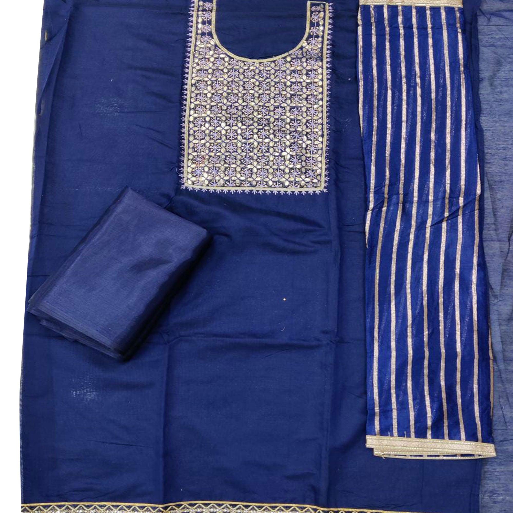 Prominent Navy Blue Colored Festive Wear Embroidered Heavy Modal Silk Dress Material - Peachmode