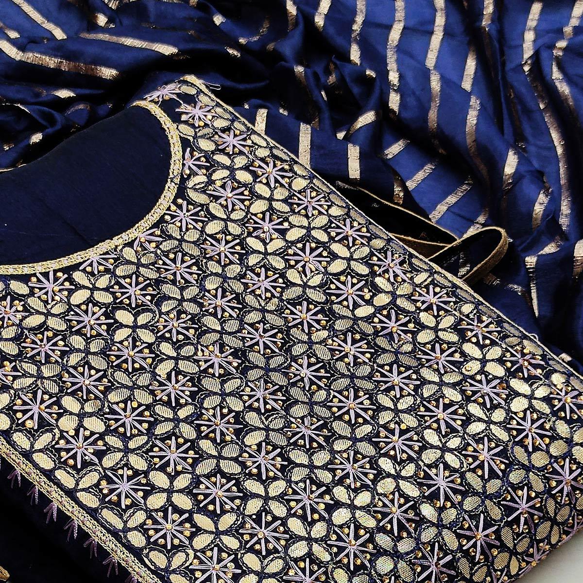 Prominent Navy Blue Colored Festive Wear Embroidered Heavy Modal Silk Dress Material - Peachmode