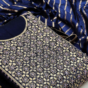 Prominent Navy Blue Colored Festive Wear Embroidered Heavy Modal Silk Dress Material - Peachmode