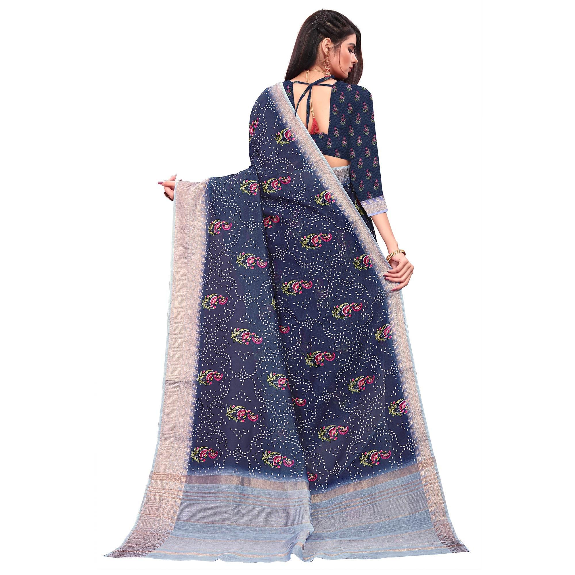 Prominent Navy Blue Colored Festive Wear Woven Banarasi Silk Saree - Peachmode