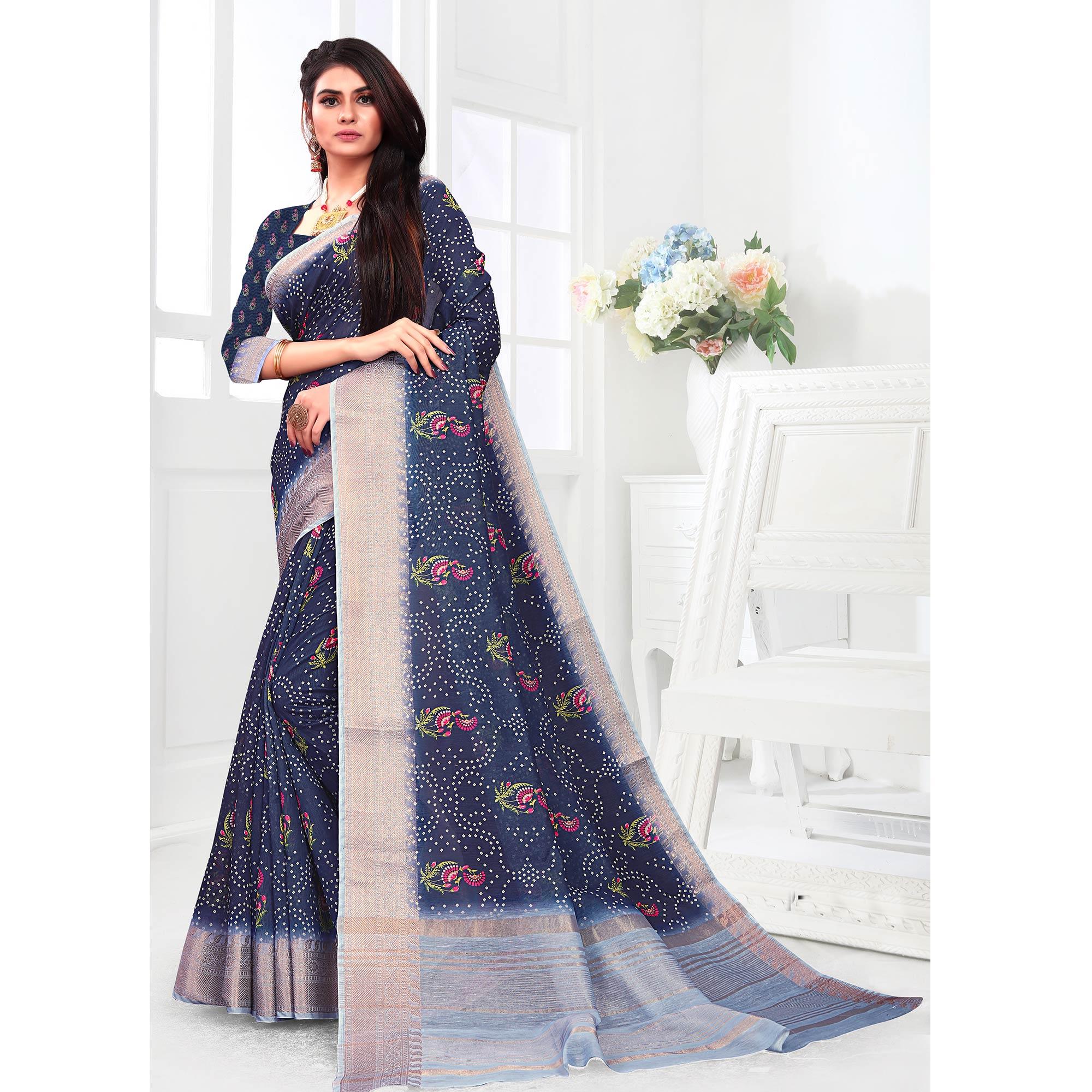 Prominent Navy Blue Colored Festive Wear Woven Banarasi Silk Saree - Peachmode