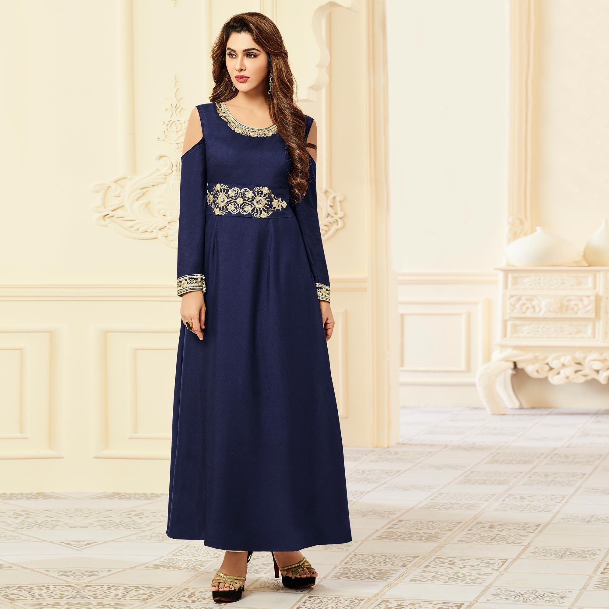 Prominent Navy Blue Colored Party Wear Floral Embroidered Rayon Kurti - Peachmode