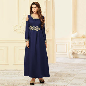 Prominent Navy Blue Colored Party Wear Floral Embroidered Rayon Kurti - Peachmode